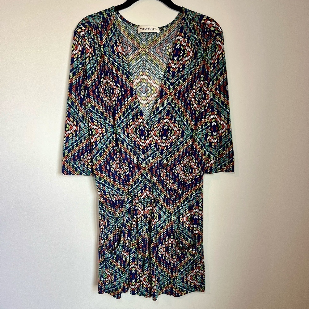 Veronica M Romper Colorful Geometric Print Shorts V-Neck Stretch Festival  Small